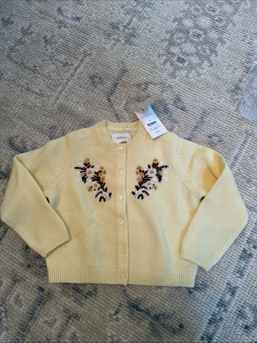 Doen Pale Yellow Cashmere Floral Embroidered Cardigan